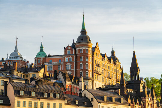 Stockholm, Sweden - 18 May 2026: View of Mariaberget historic buildings with ornate facades and spires under a soft evening light.