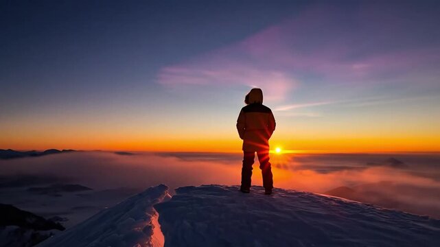 Solitary hiker standing on snowy mountain peak watching iridescent nacreous cloud at sunset, concept of adventure, exploration, climate change and nature wonder