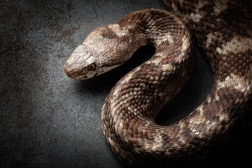 Obraz premium Snake head with textured scales resting on dark stone in dramatic low-key lighting macro shot for wildlife education and biology marketing
