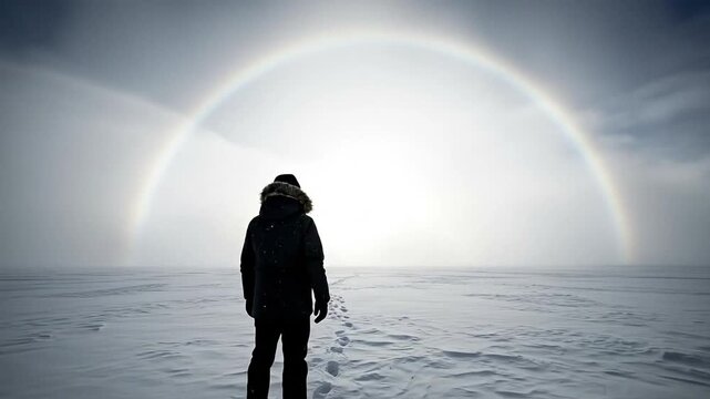 Lone explorer standing in vast arctic snow landscape under rare atmospheric fogbow halo, representing solitude, climate change, adventure, and environmental wonder