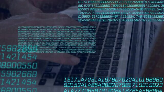 Turquoise readout appearing, hands typing on laptop creating numeric overlays and showing data