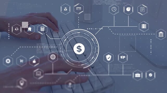 Operator's hands typing, pressing first key initiating HUD growing and linking icons for data entry