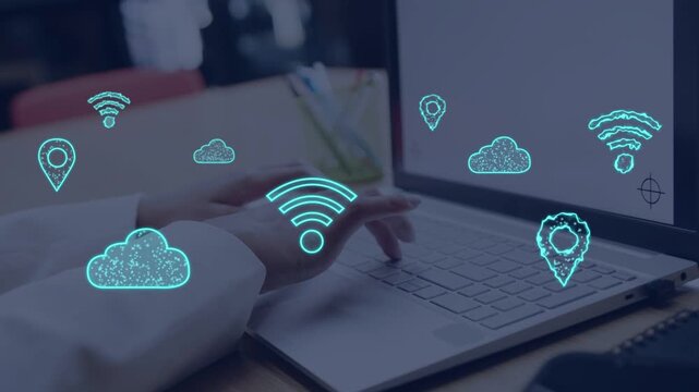 Woman typing on laptop at desk, generating tech Wi-Fi cloud pin icons over keys for networking