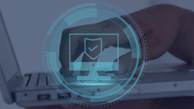Cyber Security text appearing, right hand typing, HUD expanding, monitor shield checking threats