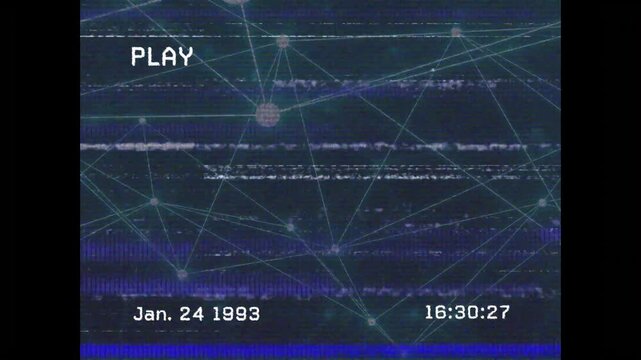 PLAY starting playback, network nodes shifting, noise wobbling, timestamp updating, simulating VHS