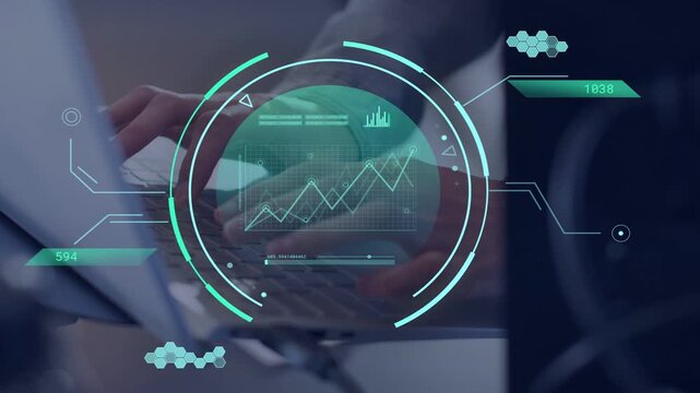 Man typing on laptop initiating finance HUD animating rings, graph bars and readouts for monitoring