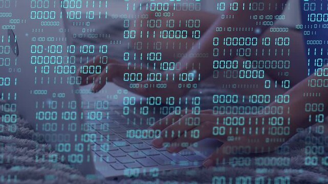 Woman typing on keyboard, starting coding; cyan binary code drifting over hands, hand reaching mug