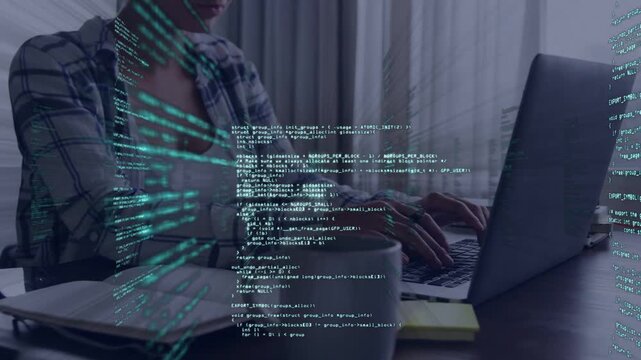 Woman dev typing on laptop, initiating animated green code panels shifting while debugging code