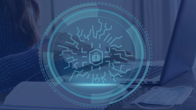 Woman tapping phone and typing on laptop, causing animated cybersecurity HUD protecting data