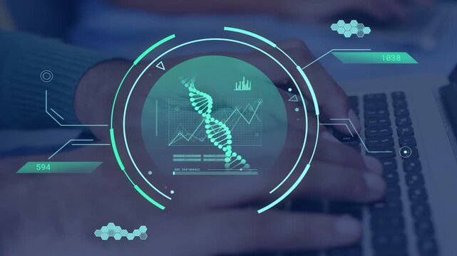 Man typing on laptop, causing HUD rotating genomic DNA helix and updating charts for analysis