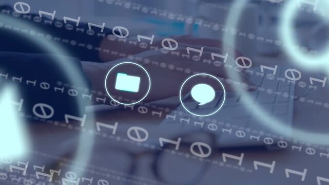 Binary stream overlaying hands and starting app icons while user typing keys, animating IT workflow