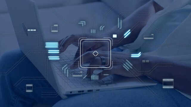 Man typing on tech laptop, HUD rising over hands while circuits expanding across keys showing data