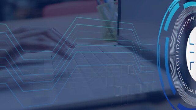 Woman typing at desk initiating lock HUD fading in as cyan lines sweeping keys for cybersecurity