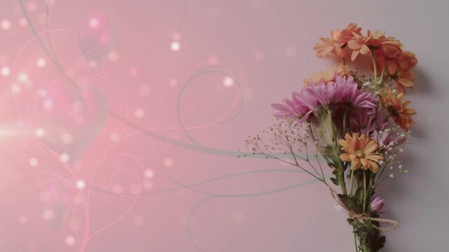 On play tied bouquet remaining right while bokeh particles drifting and glowing for looping decor
