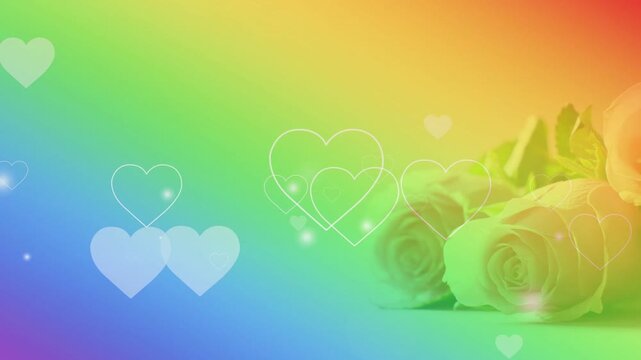 Pale rose cluster remaining still as rainbow sweep starting, hearts drifting, highlighting petals