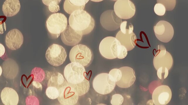 Blue and green spots appearing, warm bokeh shifting, red hearts drifting, adding romantic mood