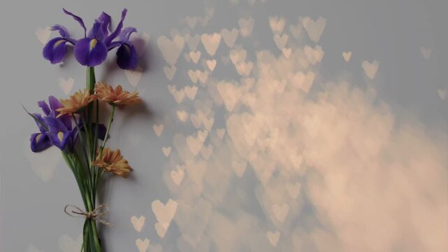 Beige mist starting at right, heart bokeh drifting left, bouquet staying left, creating dreamy mood