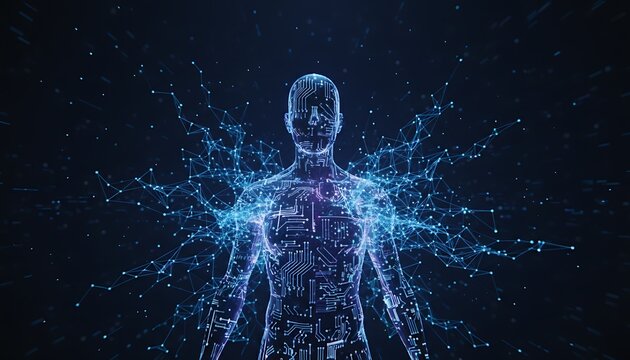 Humanoid robot, glowing blue circuit board body, futuristic technology background with network connections, symbolizing artificial intelligence and innovation for technology and business.