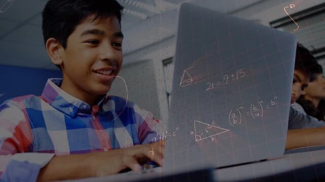 Male student typing at class laptop solving math, equations and triangles merging with student