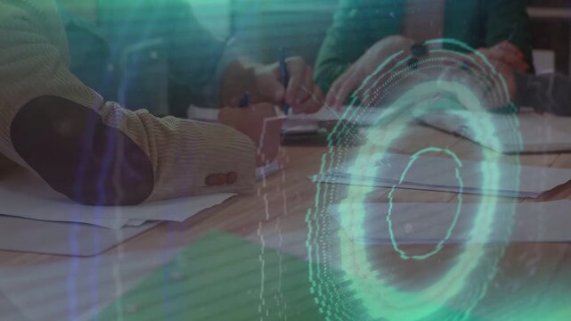Teal HUD appearing triggers camera pulling back while team writing, passing papers, collaborating