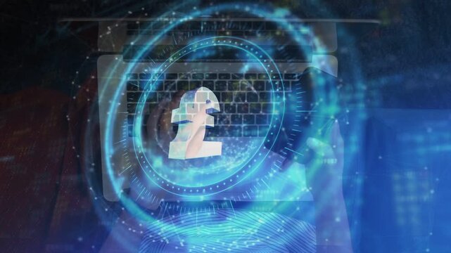 Woman typing tapping phone starting holo over laptop stack morphing into spinning pound in finance