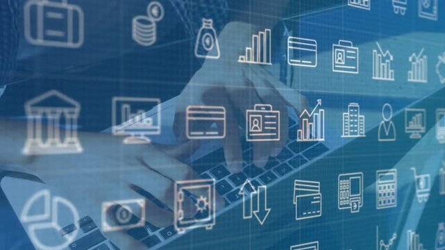 Hands entering, settling on keyboard, typing and sliding while finance icons fixed to manage data