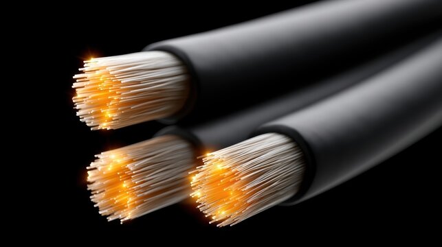 Macro view of glowing high speed fiber optic network cables transmitting data signals in dark environment