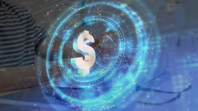 Man typing on laptop, holographic HUD appearing and transforming 1 into $ sign, visualizing finance