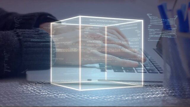 Dev typing on laptop, starting wireframe cube fading and rotating with scrolling code for debugging