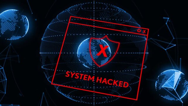 Red alert window emerging over holo globe tilting and glitching while SYSTEM HACKED alerting breach
