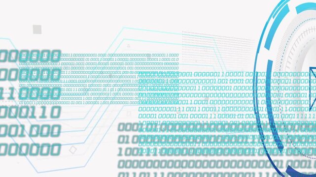 Binary columns expanding, circular HUD growing, scanning, circuit lines linking for mail search