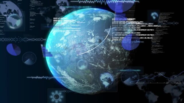 Rendered Earth globe rotating on load, HUD overlays sliding in, linking regions and showing data