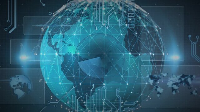 Circuit traces brightening globe revealing rotating sector and hopping nodes, showing network data
