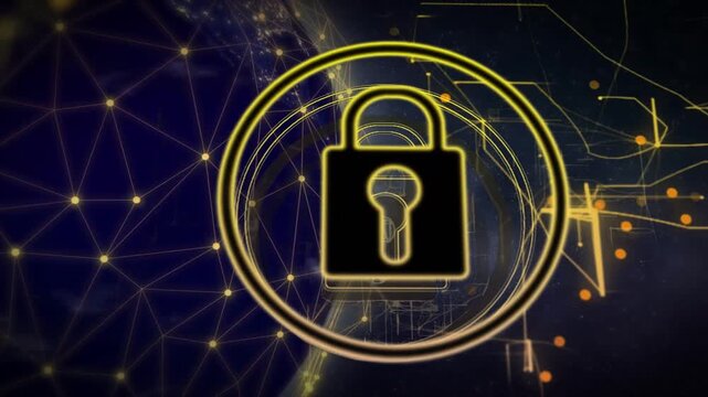 Golden lines intensifying on planet sparking padlock emerging, centering, pulsing, securing globe