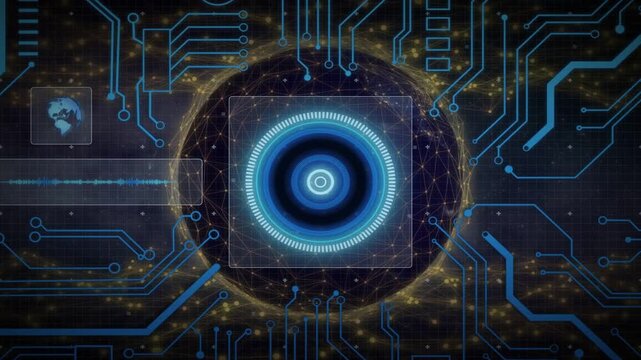 Translucent overlay activating, central circular HUD pulsing and rotating to show network flow