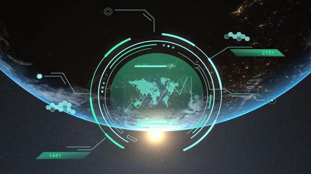 Sun rising, circular HUD appearing over Earth, rings rotating, charts updating, showing telemetry