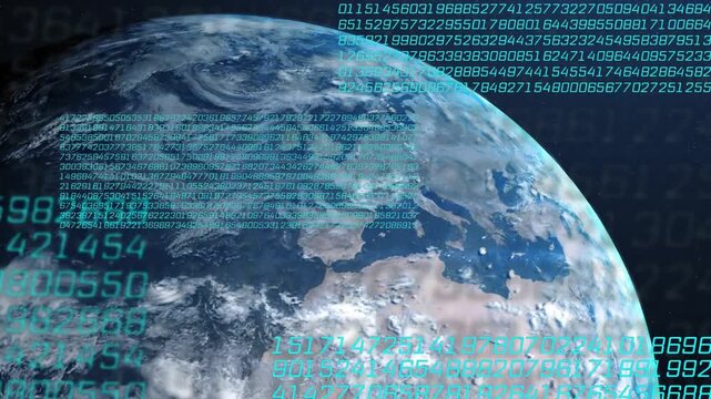 Right-edge digits appearing and spreading across rotating Earth, illustrating global data coverage