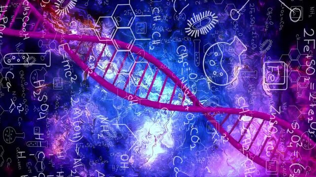 Magenta DNA helix rotating and twisting when central glow pulsing, showing science diagrams