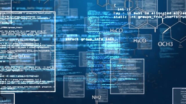 Data pulse starting motion, code panels and molecular sketches drifting, forming dynamic visual map