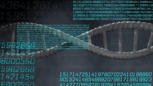 Double-helix shifting and rotating on data input, cyan panels sliding to reveal analysis in 3D