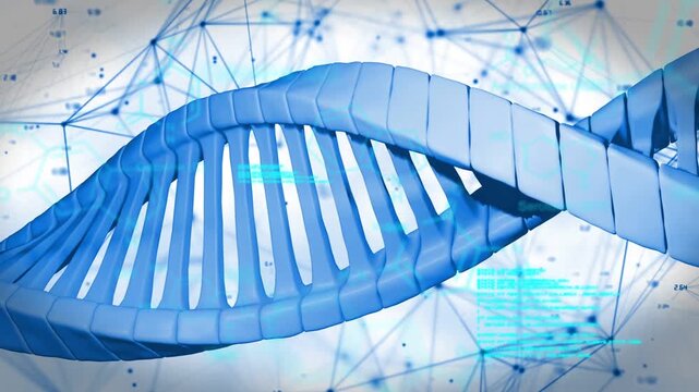 Playback start, 3D DNA helix rotating and sliding, cyan HUD tracking gaps for data display
