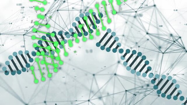 Node pulse starting green scribble crossing and skimming framed teal helix, showing data mapping