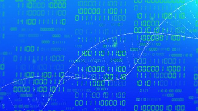 Lower-left trace starting, drawing dotted helix across binary digits, brightening, visualizing flow