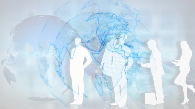 Globe appearing, white figures fading, aligning, exchanging documents to show global business in 3D