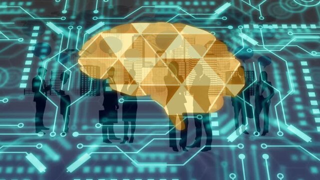 On load golden brain moving over turquoise circuitry showing city as team grouping showing AI net