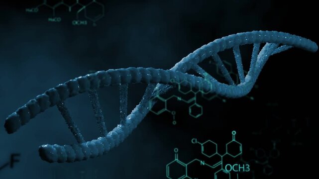 Camera pan starting helix rotating and swaying toward center, molecules aligning revealing bonds