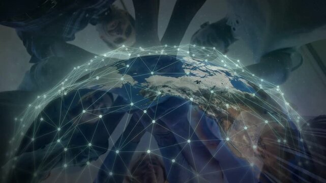 Globe appearing, team leaning and watching network growing and linking nodes for tech demo