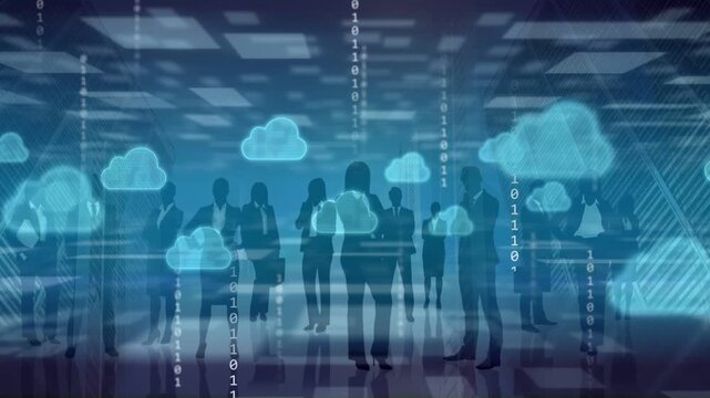 Main silhouette standing while clouds appearing and binary streams descending, representing network