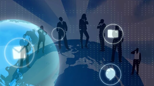 Globe appearing silhouettes on curved map, UI icons animating pulsing settling showing global comms