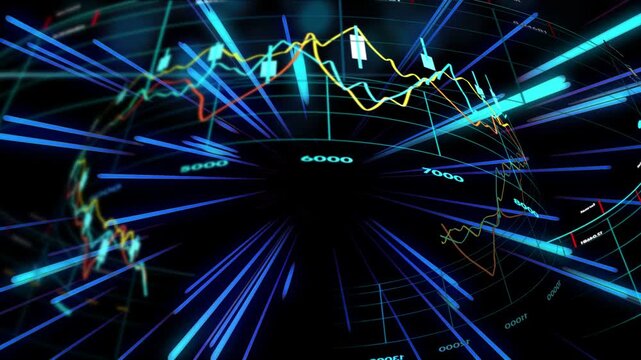 Ring emerging neon data sphere speeding cyan beams extending lines oscillating showing metric rise